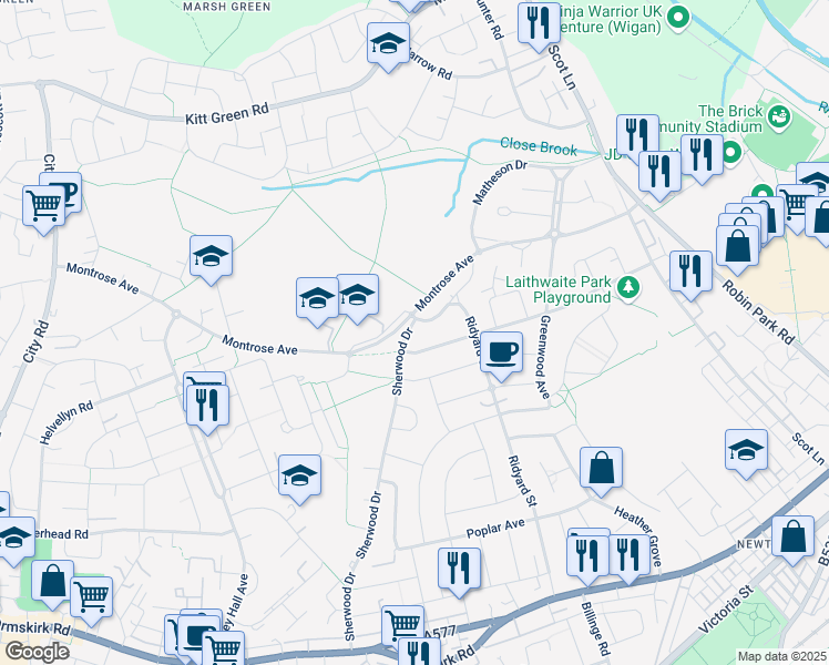 map of restaurants, bars, coffee shops, grocery stores, and more near 125 Sherwood Drive in Greater Manchester