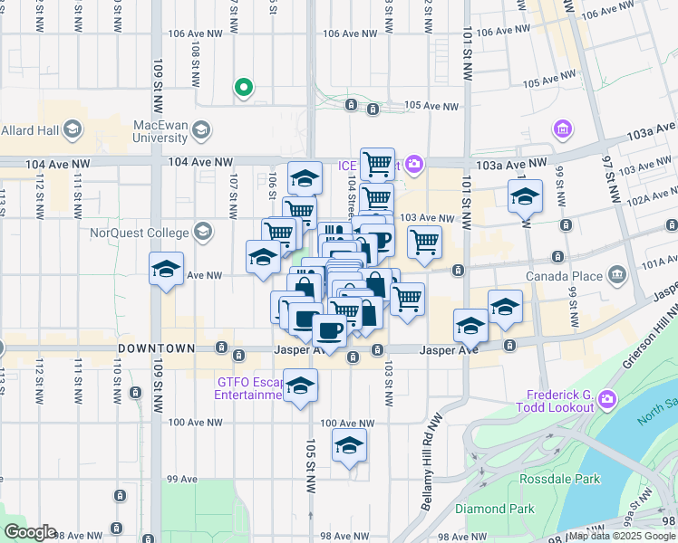 map of restaurants, bars, coffee shops, grocery stores, and more near 10173 105 Street Northwest in Edmonton