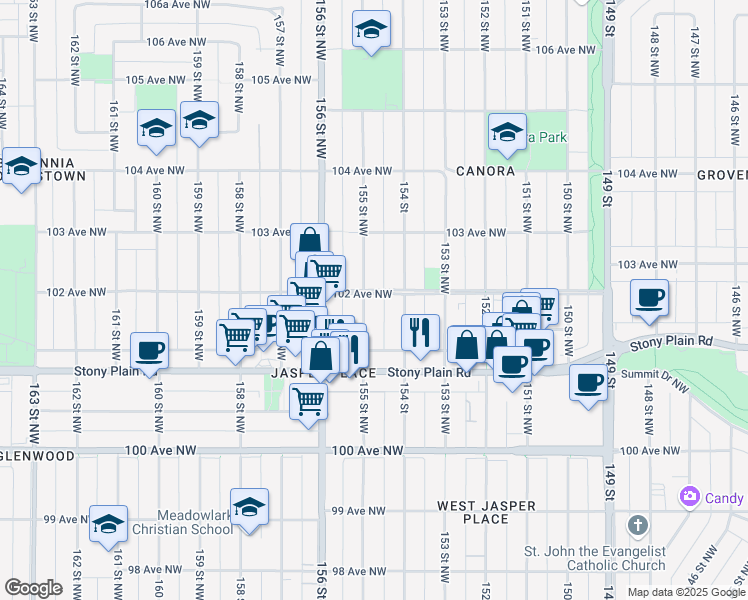 map of restaurants, bars, coffee shops, grocery stores, and more near 10130 154 Street in Edmonton