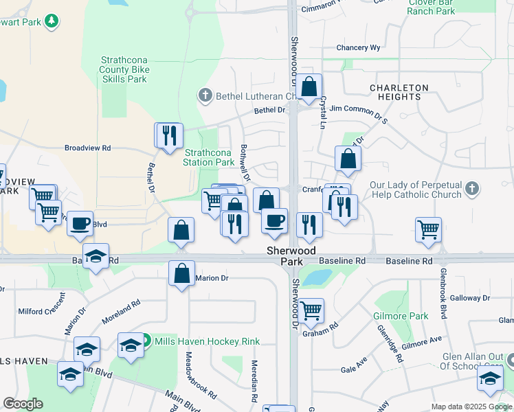 map of restaurants, bars, coffee shops, grocery stores, and more near 801 Bothwell Drive in Sherwood Park