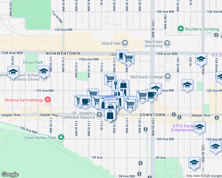 map of restaurants, bars, coffee shops, grocery stores, and more near 11212 102 Avenue Northwest in Edmonton