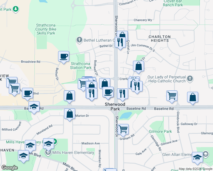 map of restaurants, bars, coffee shops, grocery stores, and more near 801 Bothwell Drive in Sherwood Park