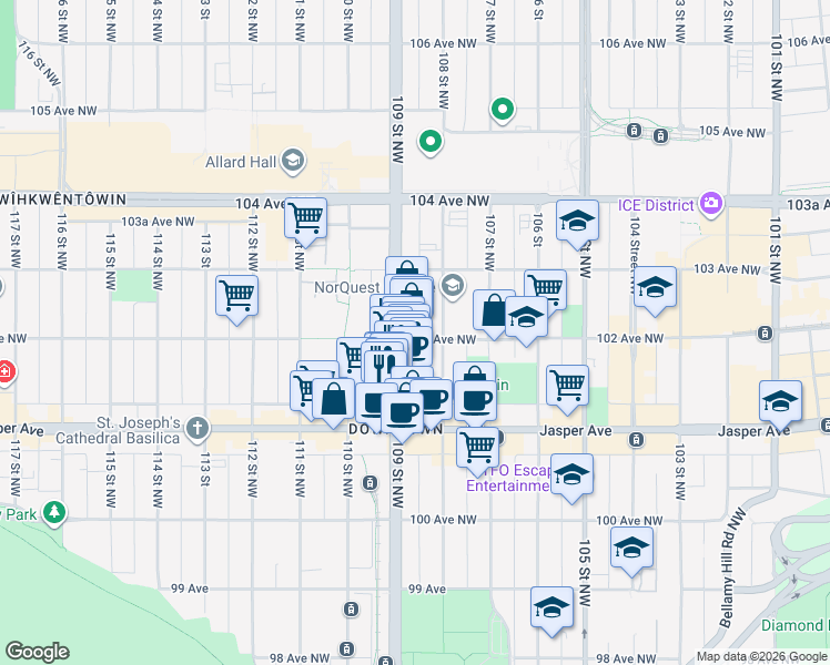 map of restaurants, bars, coffee shops, grocery stores, and more near 10188 109 Street Northwest in Edmonton