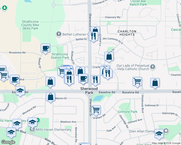 map of restaurants, bars, coffee shops, grocery stores, and more near 131 Sherwood Drive in Sherwood Park