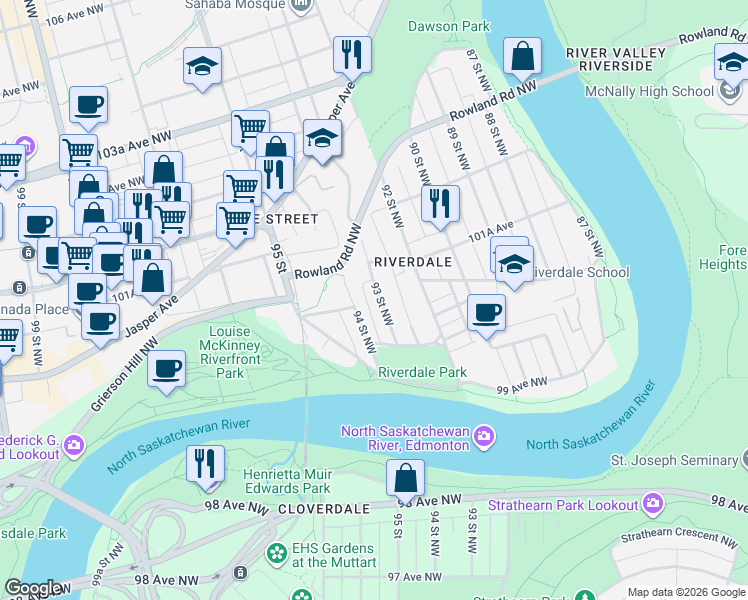 map of restaurants, bars, coffee shops, grocery stores, and more near 10014 93 Street Northwest in Edmonton