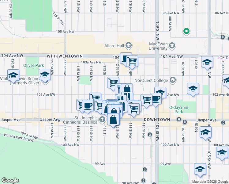 map of restaurants, bars, coffee shops, grocery stores, and more near 10170 112 Street Northwest in Edmonton