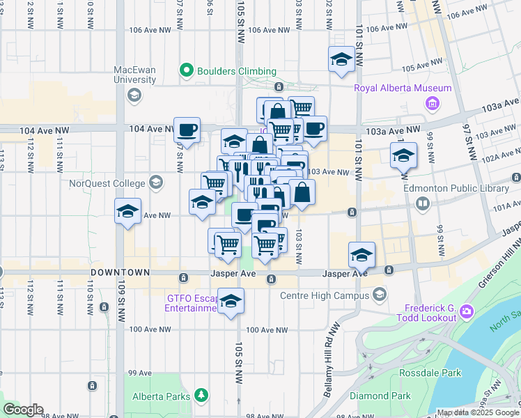 map of restaurants, bars, coffee shops, grocery stores, and more near 10245 105 Street Northwest in Edmonton