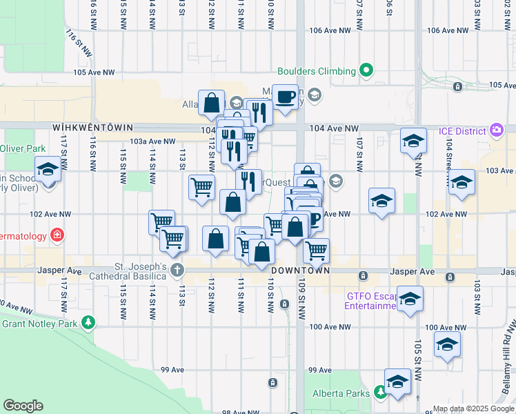 map of restaurants, bars, coffee shops, grocery stores, and more near 10235 111 Street Northwest in Edmonton