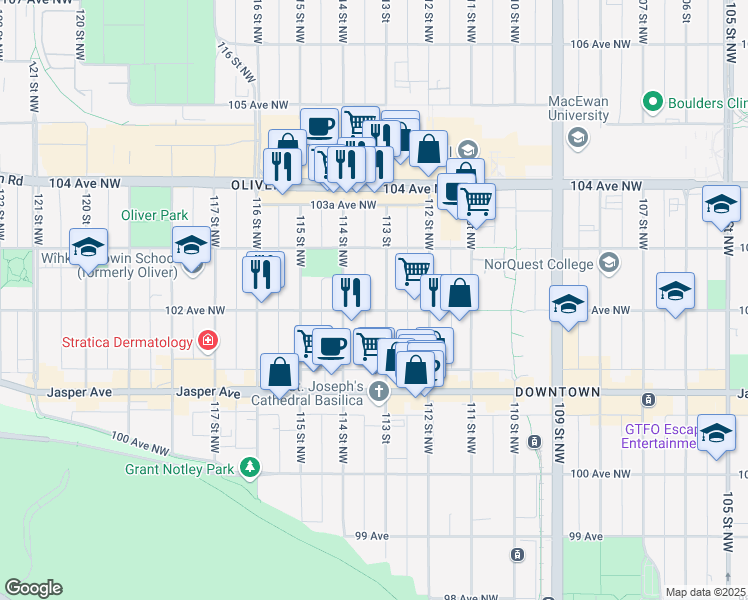 map of restaurants, bars, coffee shops, grocery stores, and more near 10235 114 Street Northwest in Edmonton