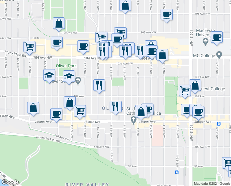 map of restaurants, bars, coffee shops, grocery stores, and more near 10230 114 Street Northwest in Edmonton
