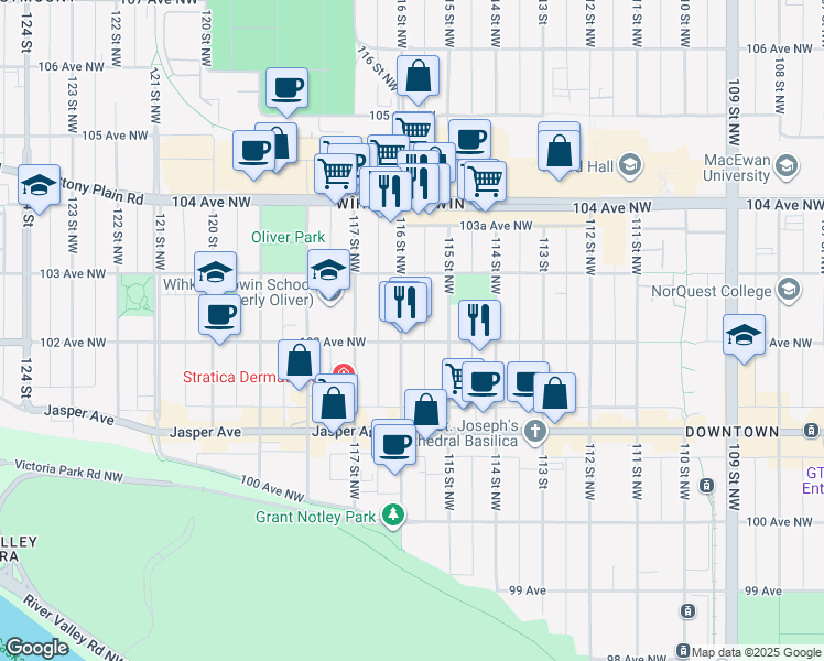 map of restaurants, bars, coffee shops, grocery stores, and more near 10250 116 Street Northwest in Edmonton