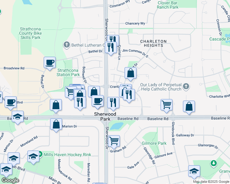 map of restaurants, bars, coffee shops, grocery stores, and more near 85 Cranford Way in Sherwood Park