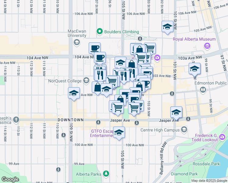 map of restaurants, bars, coffee shops, grocery stores, and more near in Edmonton