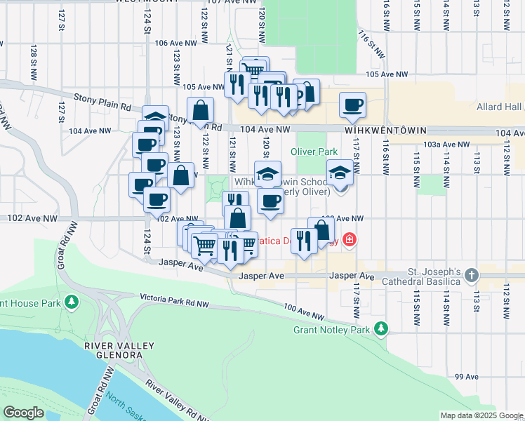 map of restaurants, bars, coffee shops, grocery stores, and more near 10208 120 Street Northwest in Edmonton