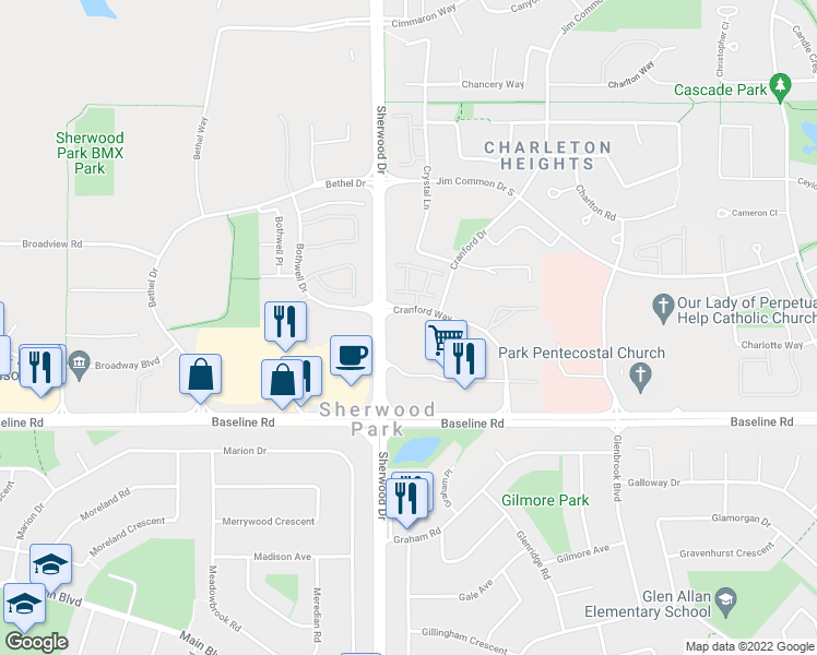 map of restaurants, bars, coffee shops, grocery stores, and more near 85 Cranford Way in Sherwood Park