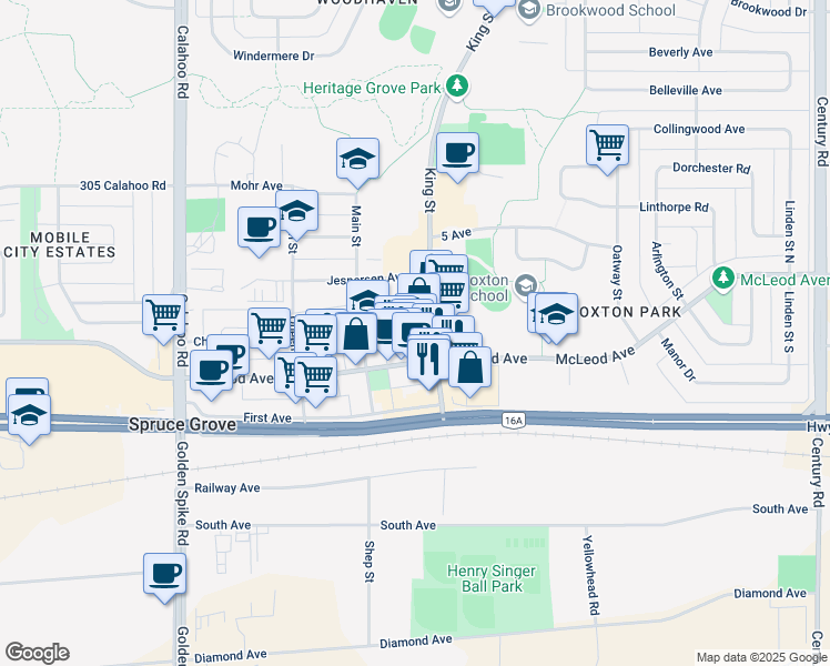 map of restaurants, bars, coffee shops, grocery stores, and more near 320 Church Road in Spruce Grove