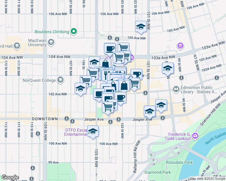 map of restaurants, bars, coffee shops, grocery stores, and more near 10245 104 Street Northwest in Edmonton