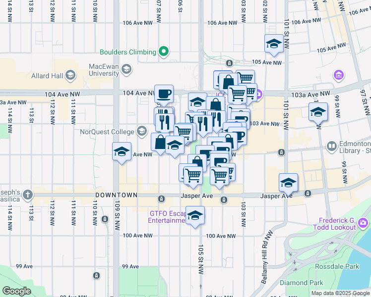 map of restaurants, bars, coffee shops, grocery stores, and more near in Edmonton
