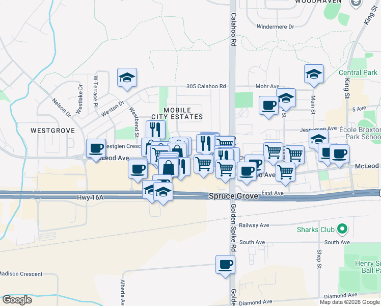 map of restaurants, bars, coffee shops, grocery stores, and more near 91 Mobile City Estates in Spruce Grove