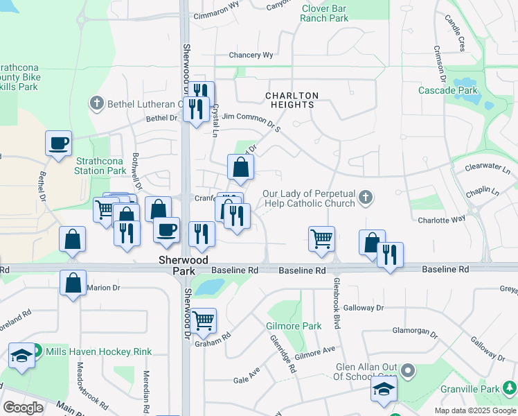 map of restaurants, bars, coffee shops, grocery stores, and more near 40 Cranford Way in Sherwood Park