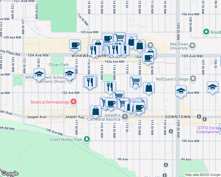 map of restaurants, bars, coffee shops, grocery stores, and more near 10230 114 Street Northwest in Edmonton