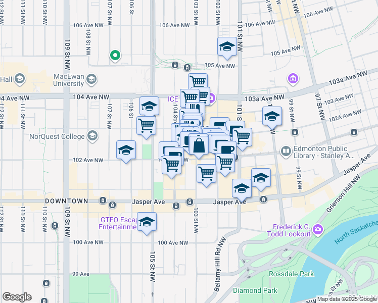 map of restaurants, bars, coffee shops, grocery stores, and more near in Edmonton