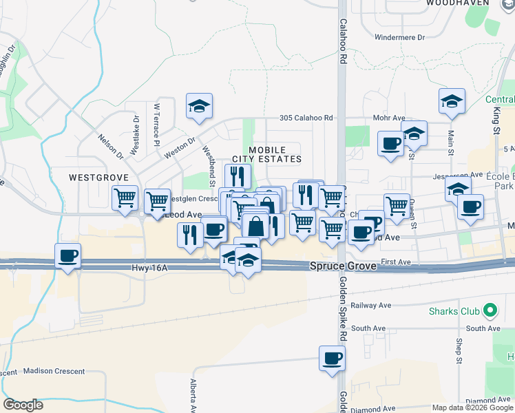 map of restaurants, bars, coffee shops, grocery stores, and more near 46 Westglen Crescent in Spruce Grove