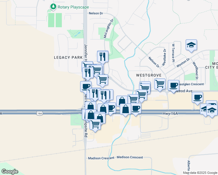 map of restaurants, bars, coffee shops, grocery stores, and more near 4 McLeod Avenue in Spruce Grove