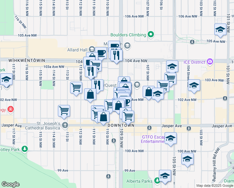 map of restaurants, bars, coffee shops, grocery stores, and more near in Edmonton