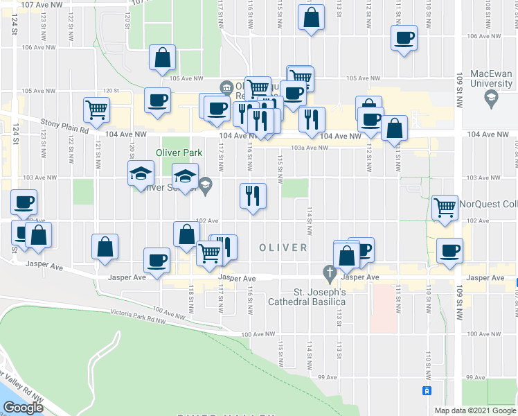 map of restaurants, bars, coffee shops, grocery stores, and more near 10250 116 Street Northwest in Edmonton