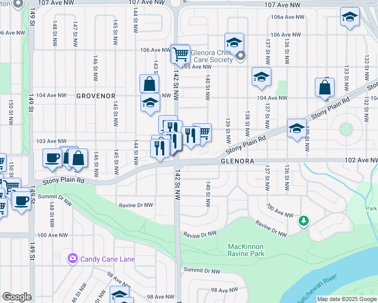 map of restaurants, bars, coffee shops, grocery stores, and more near 10217 142 Street Northwest in Edmonton