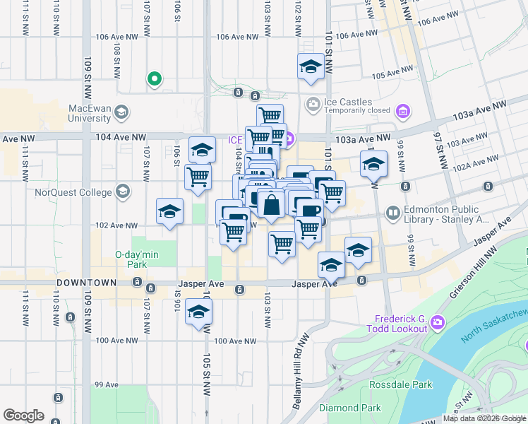 map of restaurants, bars, coffee shops, grocery stores, and more near 10220 103 Street Northwest in Edmonton