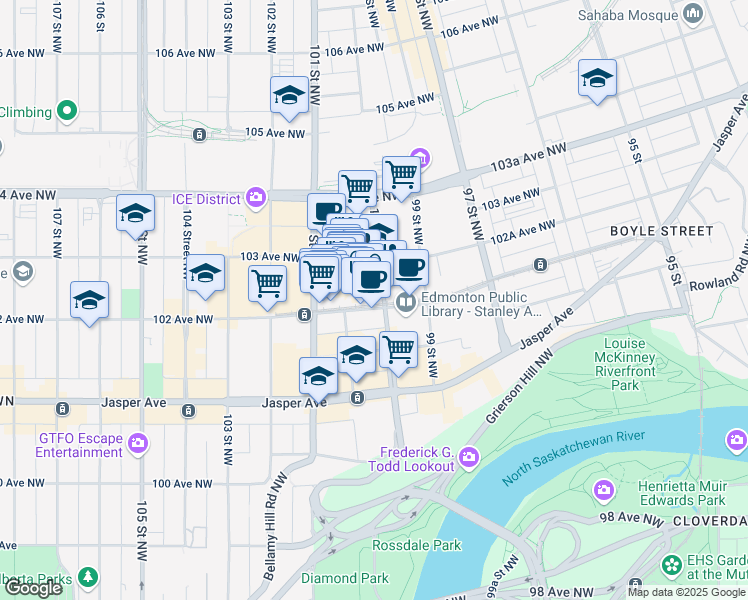 map of restaurants, bars, coffee shops, grocery stores, and more near 124 Edmonton City Centre NW in Edmonton