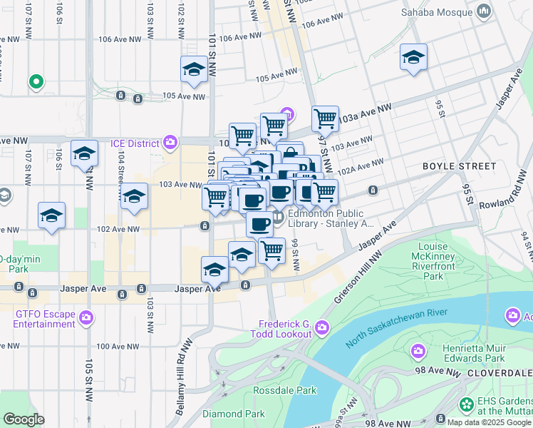 map of restaurants, bars, coffee shops, grocery stores, and more near 12510 132 Avenue Northwest in Edmonton
