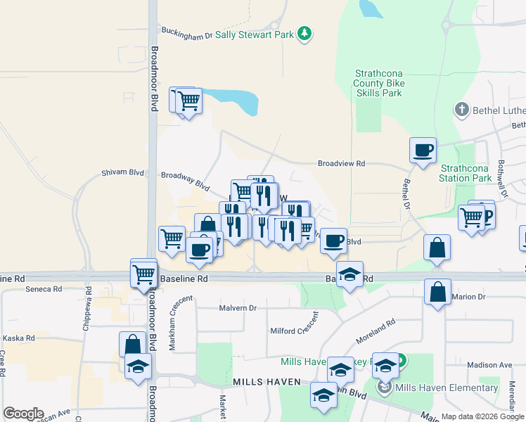 map of restaurants, bars, coffee shops, grocery stores, and more near 130 Broadway Boulevard in Sherwood Park