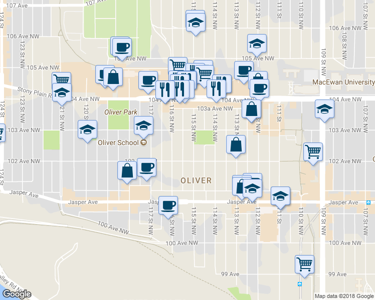 map of restaurants, bars, coffee shops, grocery stores, and more near 10250 115 Street Northwest in Edmonton