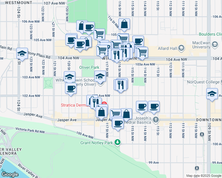 map of restaurants, bars, coffee shops, grocery stores, and more near 10249 117 Street Northwest in Edmonton