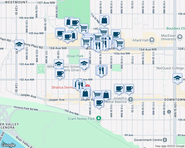 map of restaurants, bars, coffee shops, grocery stores, and more near 10249 117 Street Northwest in Edmonton