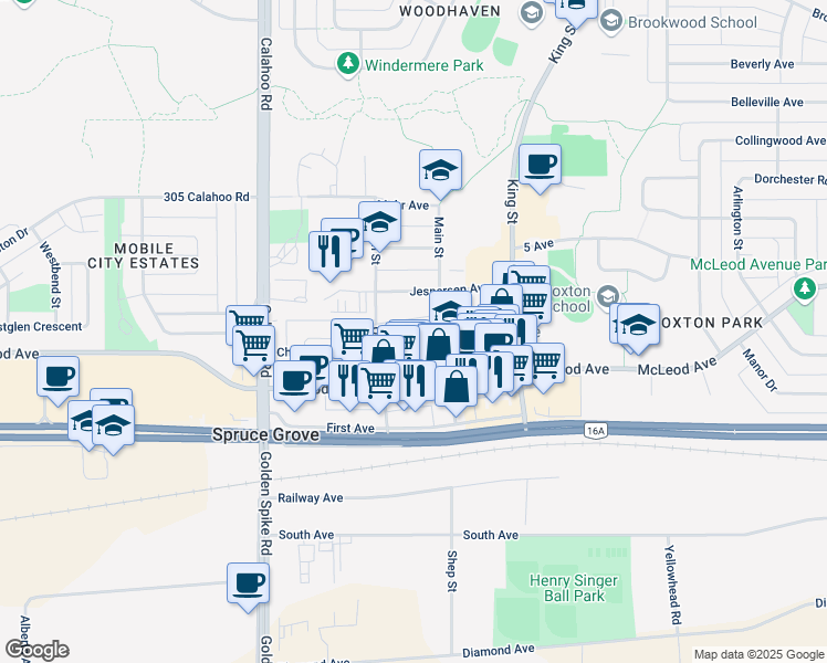 map of restaurants, bars, coffee shops, grocery stores, and more near 211 Church Road in Spruce Grove