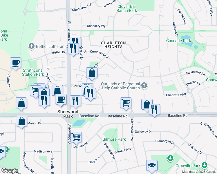 map of restaurants, bars, coffee shops, grocery stores, and more near 40 Cranford Way in Sherwood Park