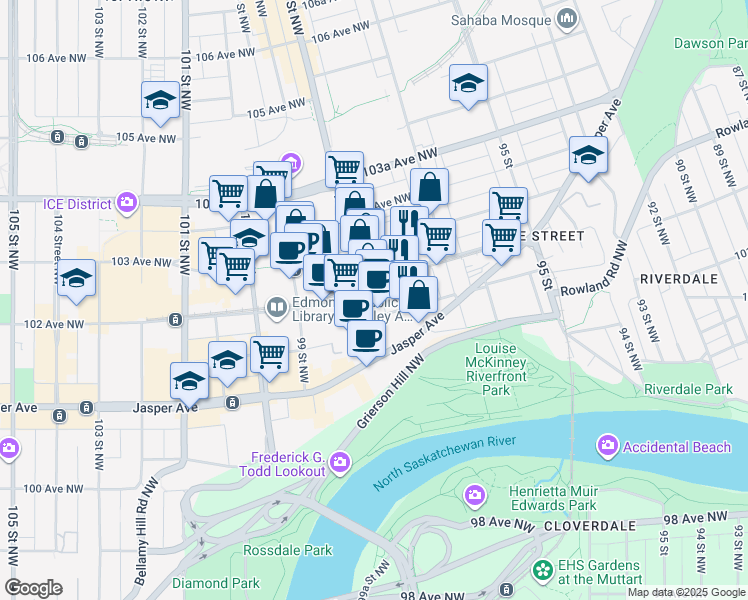 map of restaurants, bars, coffee shops, grocery stores, and more near in Edmonton