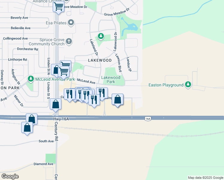 map of restaurants, bars, coffee shops, grocery stores, and more near 170 Century Crossing in Spruce Grove