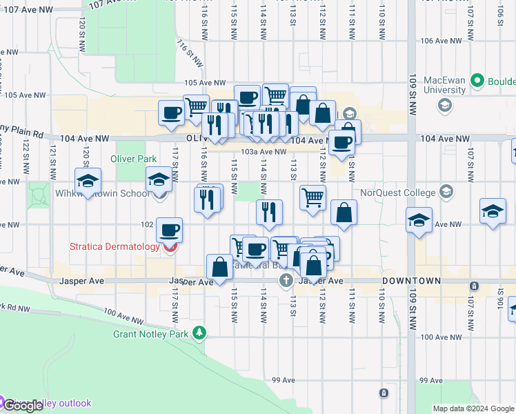 map of restaurants, bars, coffee shops, grocery stores, and more near 10230 114 Street Northwest in Edmonton