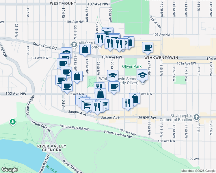 map of restaurants, bars, coffee shops, grocery stores, and more near 10208 120 Street Northwest in Edmonton