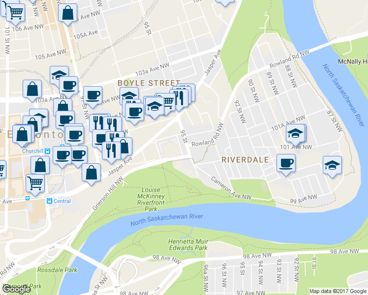 map of restaurants, bars, coffee shops, grocery stores, and more near in Edmonton