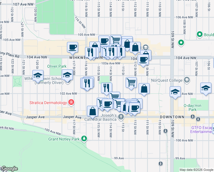 map of restaurants, bars, coffee shops, grocery stores, and more near 10230 114 Street Northwest in Edmonton