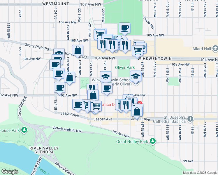 map of restaurants, bars, coffee shops, grocery stores, and more near 10244 119 Street Northwest in Edmonton