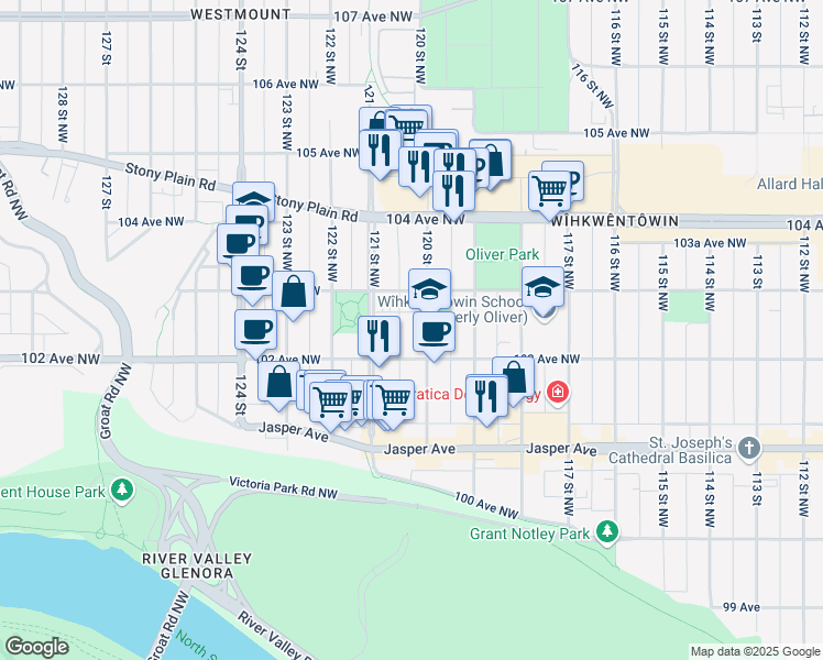 map of restaurants, bars, coffee shops, grocery stores, and more near 10208 120 Street Northwest in Edmonton