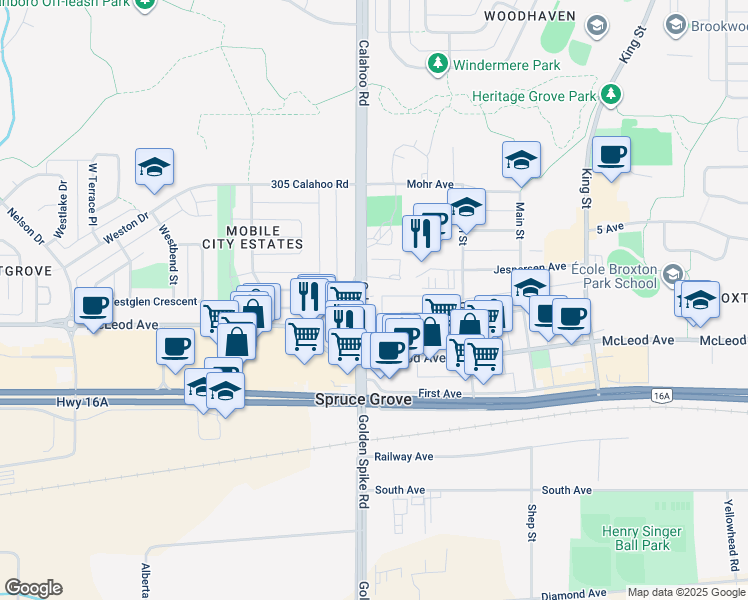 map of restaurants, bars, coffee shops, grocery stores, and more near in Spruce Grove