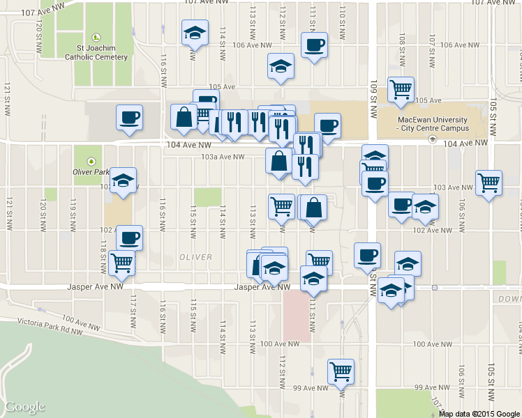 map of restaurants, bars, coffee shops, grocery stores, and more near in Edmonton